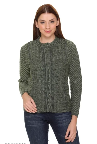 CLAPTON Women Round Neck Acrylic Knitting Wool Green Full Sleeve Cardigan This is Very Soft &Comfortable Fabric - XL, Green, Wool, Knitting, Pack of1